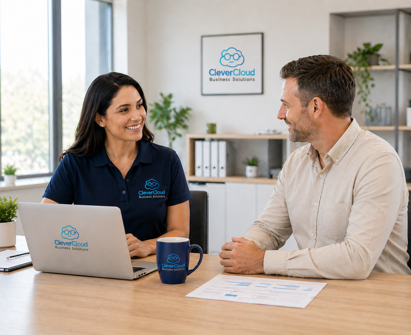 Consultant reviewing cloud accounting dashboards with a client